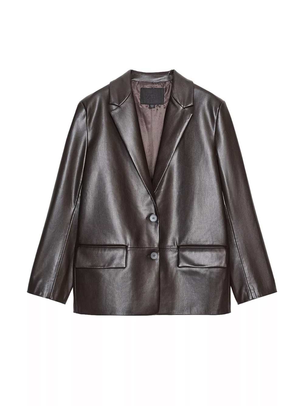 Zara Women's Faux Leather Blazer Jacket in Dark Brown